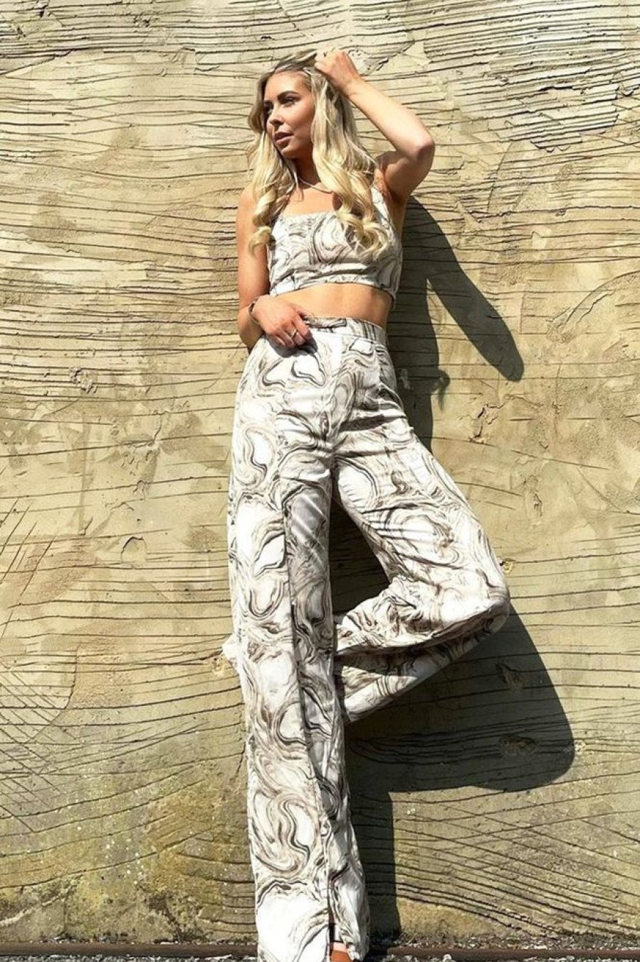 Clothing Rebellious Fashion | Beige Marble Halter Crop Trouser Co-Ord - Delta