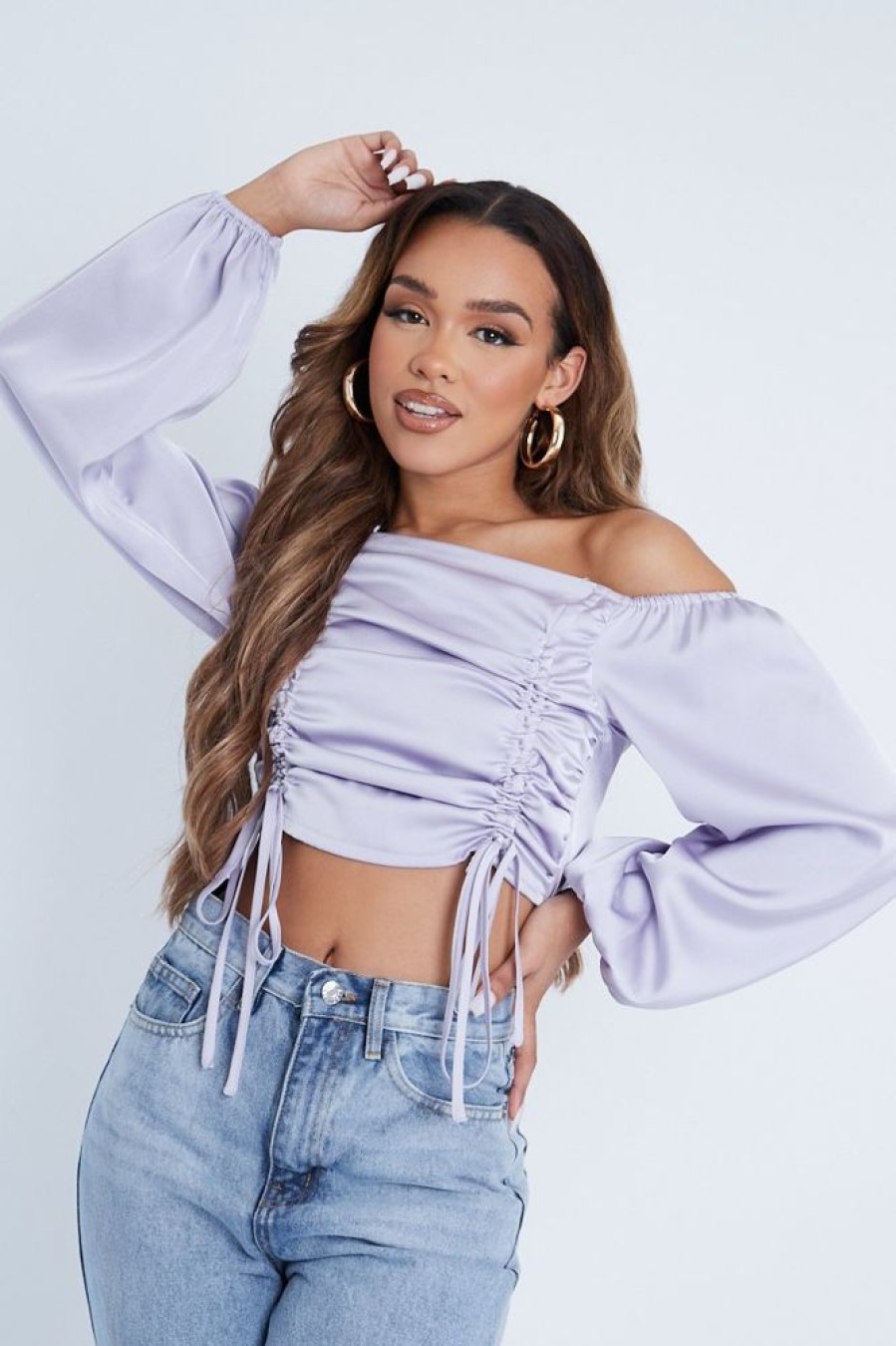 Clothing Rebellious Fashion | Lilac Off The Shoulder Front Ruching Crop Top - Maxie