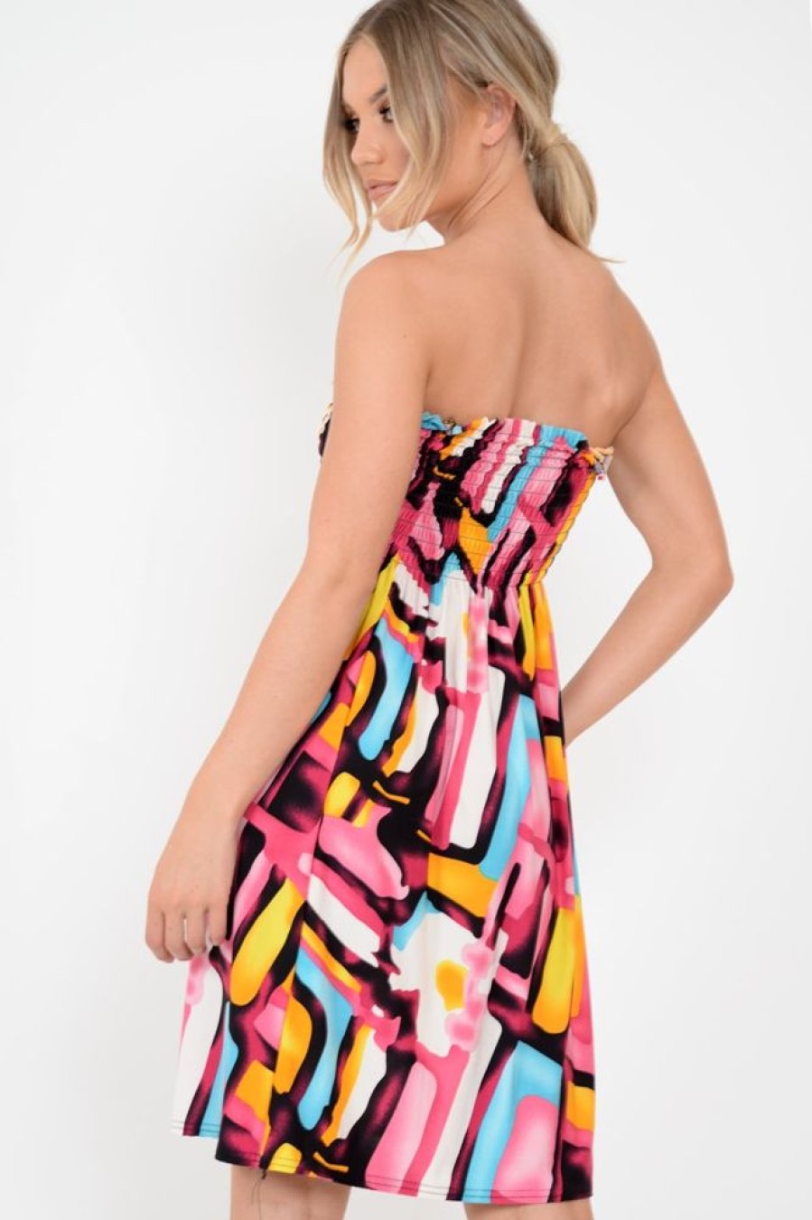 Clothing Rebellious Fashion | Multi Coloured Print Shirred Bandeau Dress - Safreen