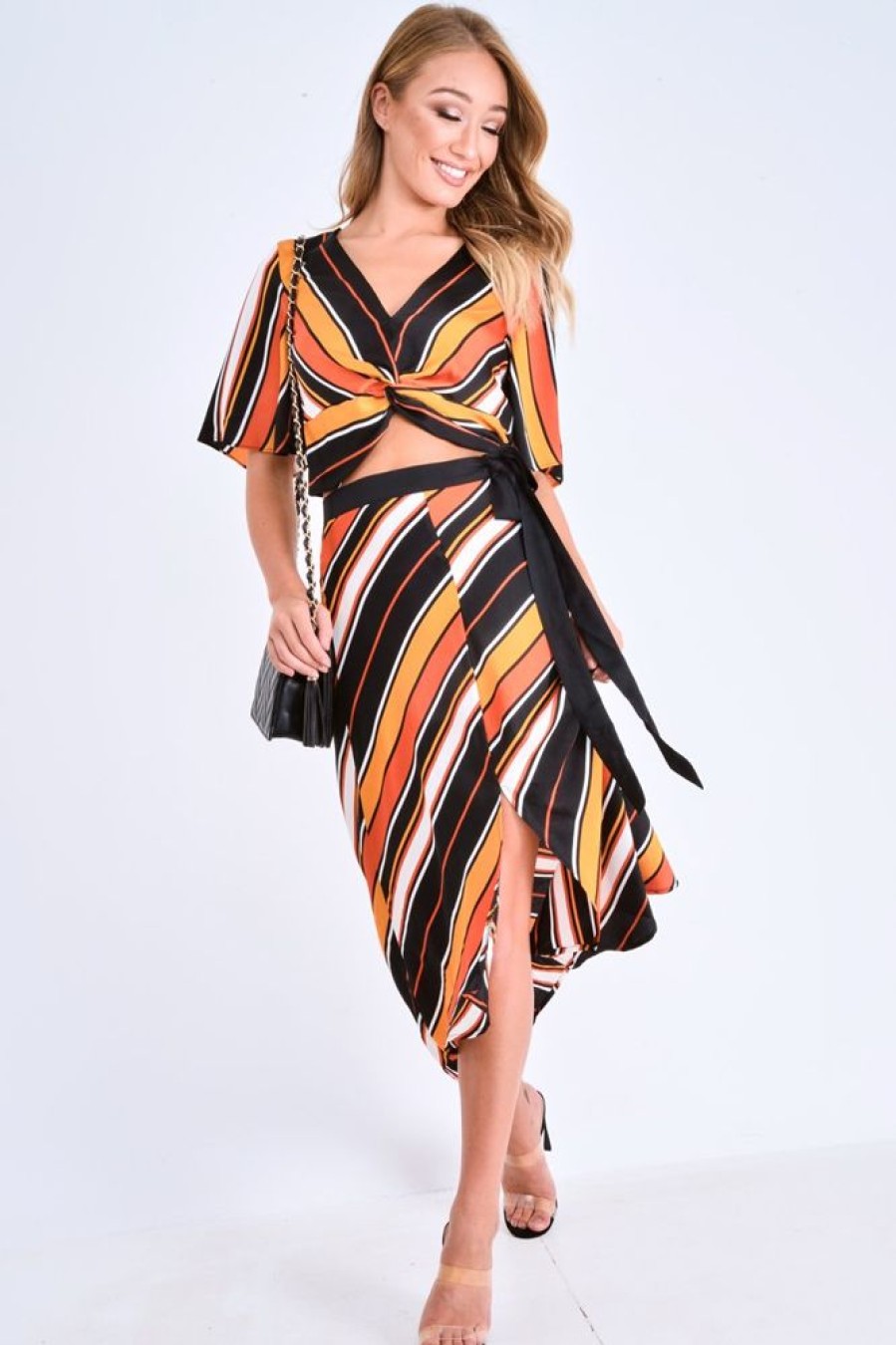 Clothing Rebellious Fashion | Multi Stripe Wrap Front Crop Top And Belted Midi Skirt Co-Ord - Cayli