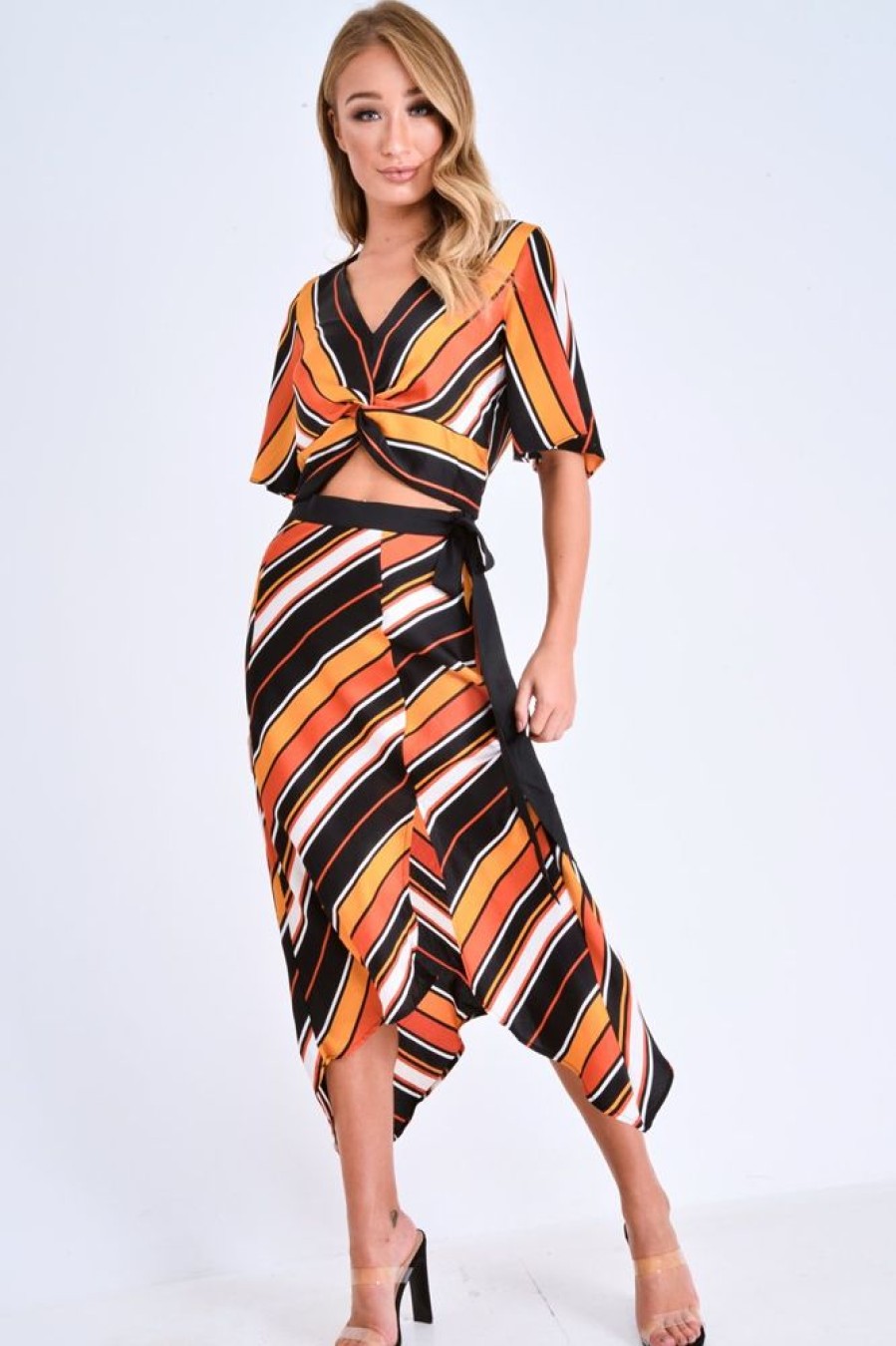 Clothing Rebellious Fashion | Multi Stripe Wrap Front Crop Top And Belted Midi Skirt Co-Ord - Cayli