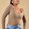 Clothing Rebellious Fashion | Beige Rib Knit Long Sleeve Bodysuit - Vari