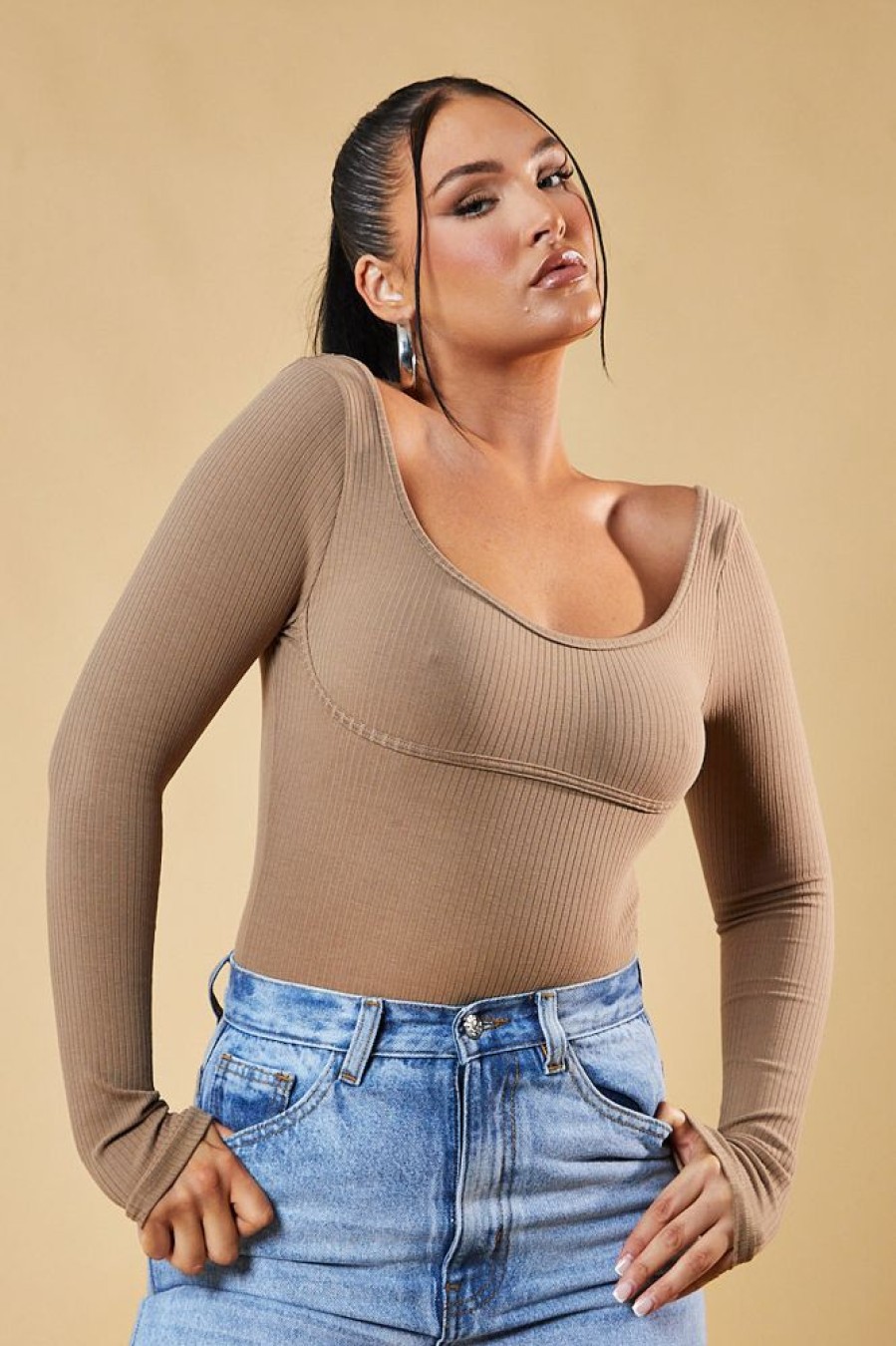 Clothing Rebellious Fashion | Beige Rib Knit Long Sleeve Bodysuit - Vari