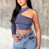 Clothing Rebellious Fashion | Grey Slinky One Sleeve Crop Top - Katara