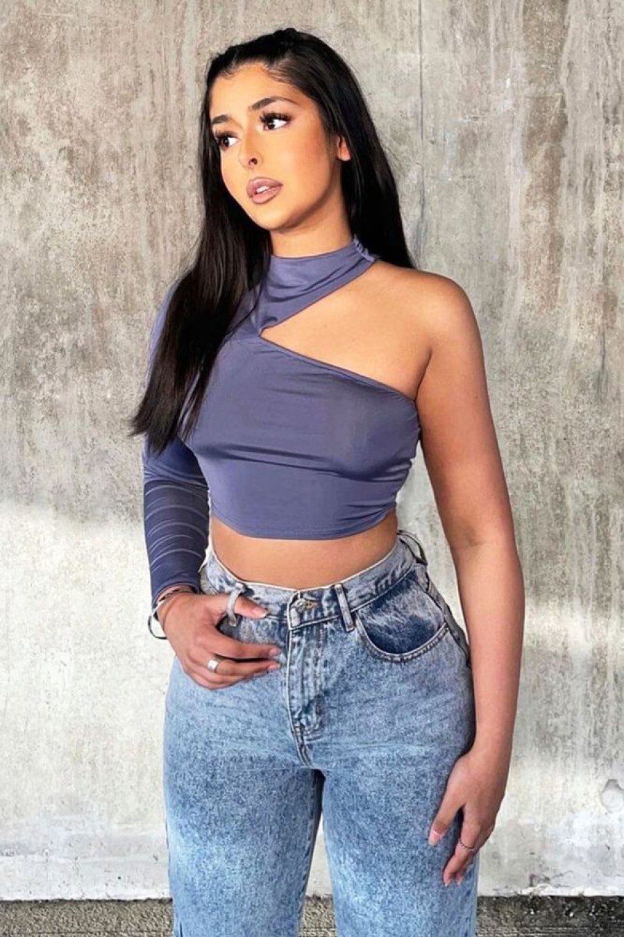 Clothing Rebellious Fashion | Grey Slinky One Sleeve Crop Top - Katara