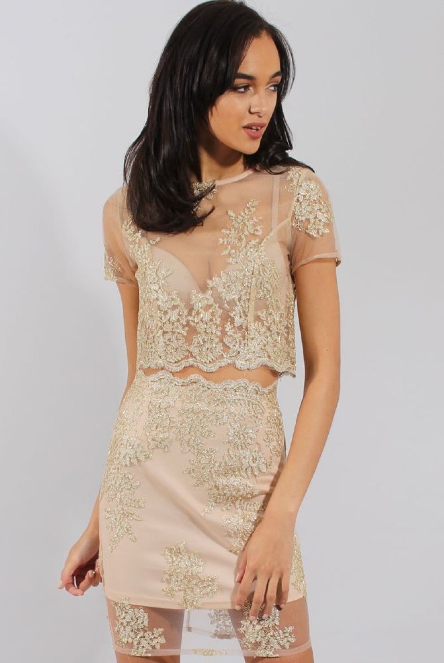 Clothing Rebellious Fashion | Pink & Gold Embellished Mesh Co-Ord - Leila