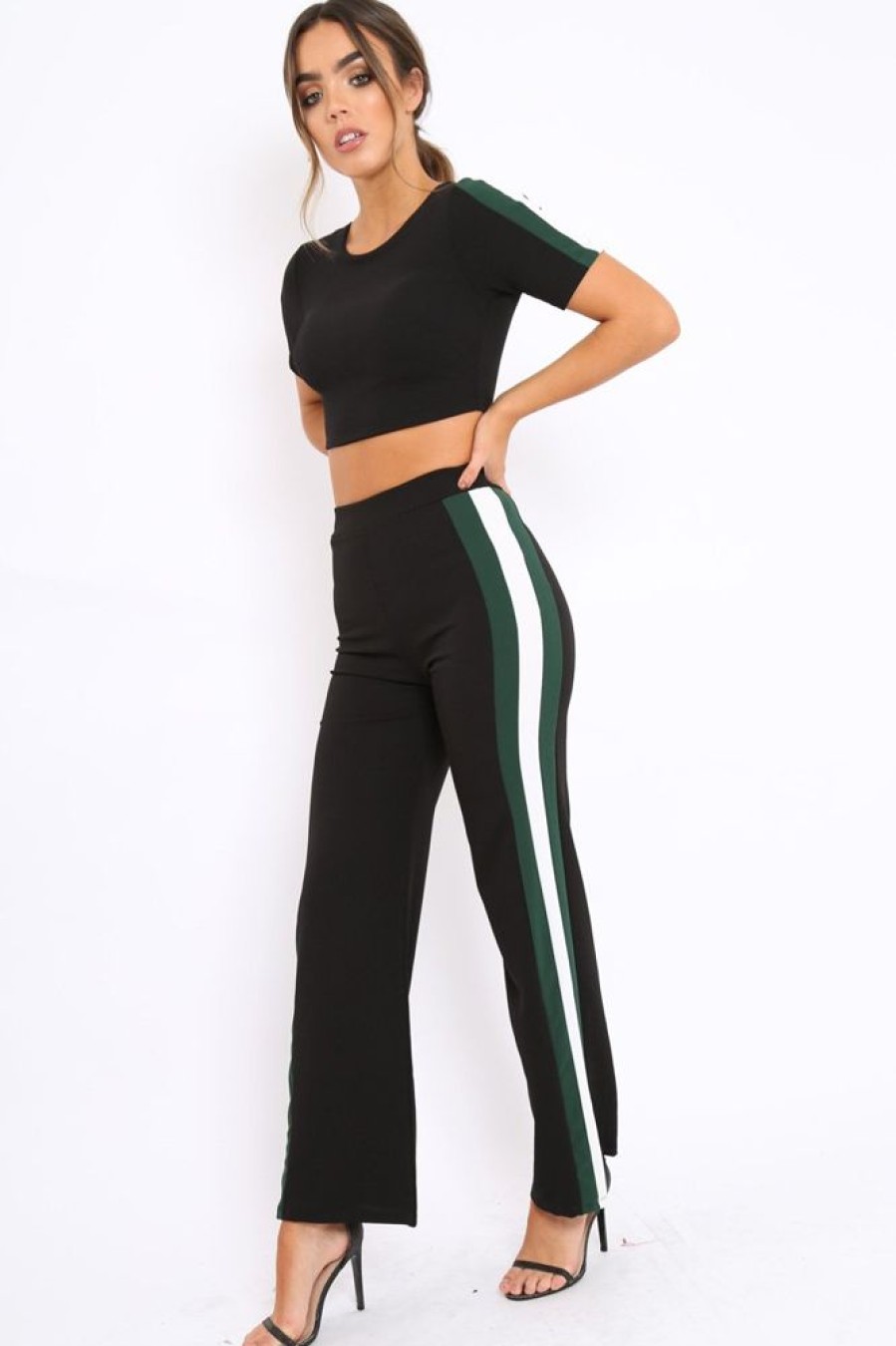 Clothing Rebellious Fashion | Black With Green And White Side Stripe Co-Ord - Michelle