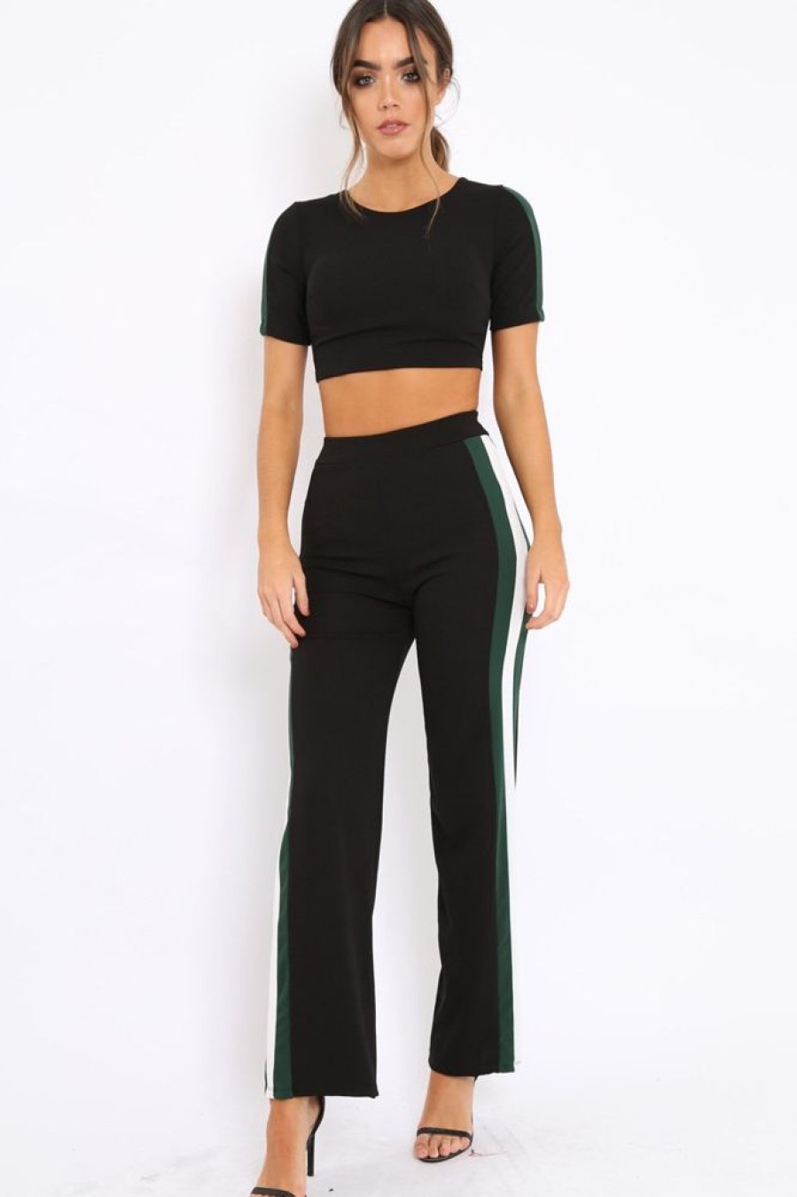 Clothing Rebellious Fashion | Black With Green And White Side Stripe Co-Ord - Michelle