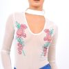 Clothing Rebellious Fashion | White Mesh Floral Choker Bodysuit - Bryleigh