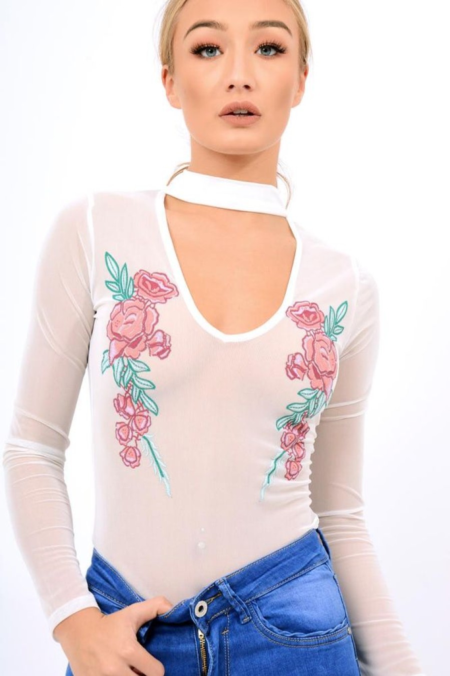 Clothing Rebellious Fashion | White Mesh Floral Choker Bodysuit - Bryleigh