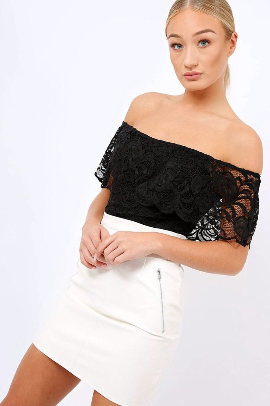 Clothing Rebellious Fashion | Black Lace Bardot Bodysuit - Rae