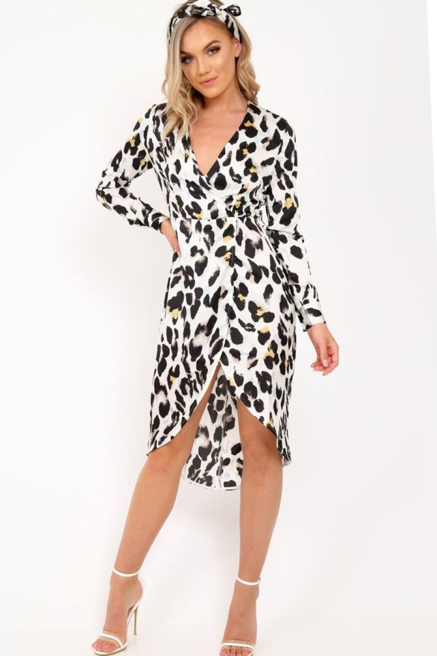 Clothing Rebellious Fashion | White Leopard Print Satin Belted Wrap Midi Dress - Rosine