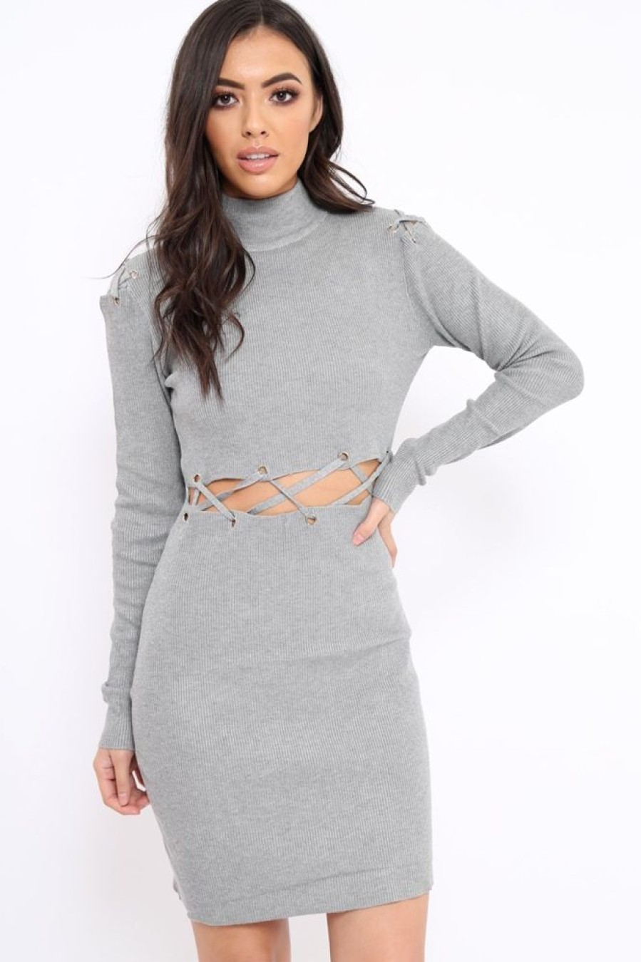 Clothing Rebellious Fashion | Grey Ribbed Cut Out Lace Jumper Dress - Cierra