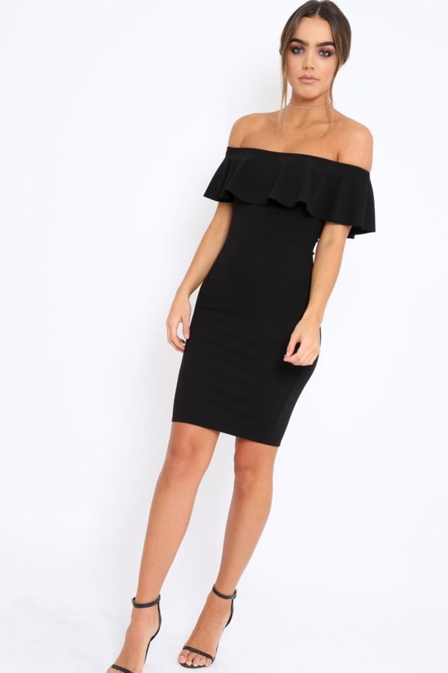 Clothing Rebellious Fashion | Black Frill Bardot Midi Dress - Bridget