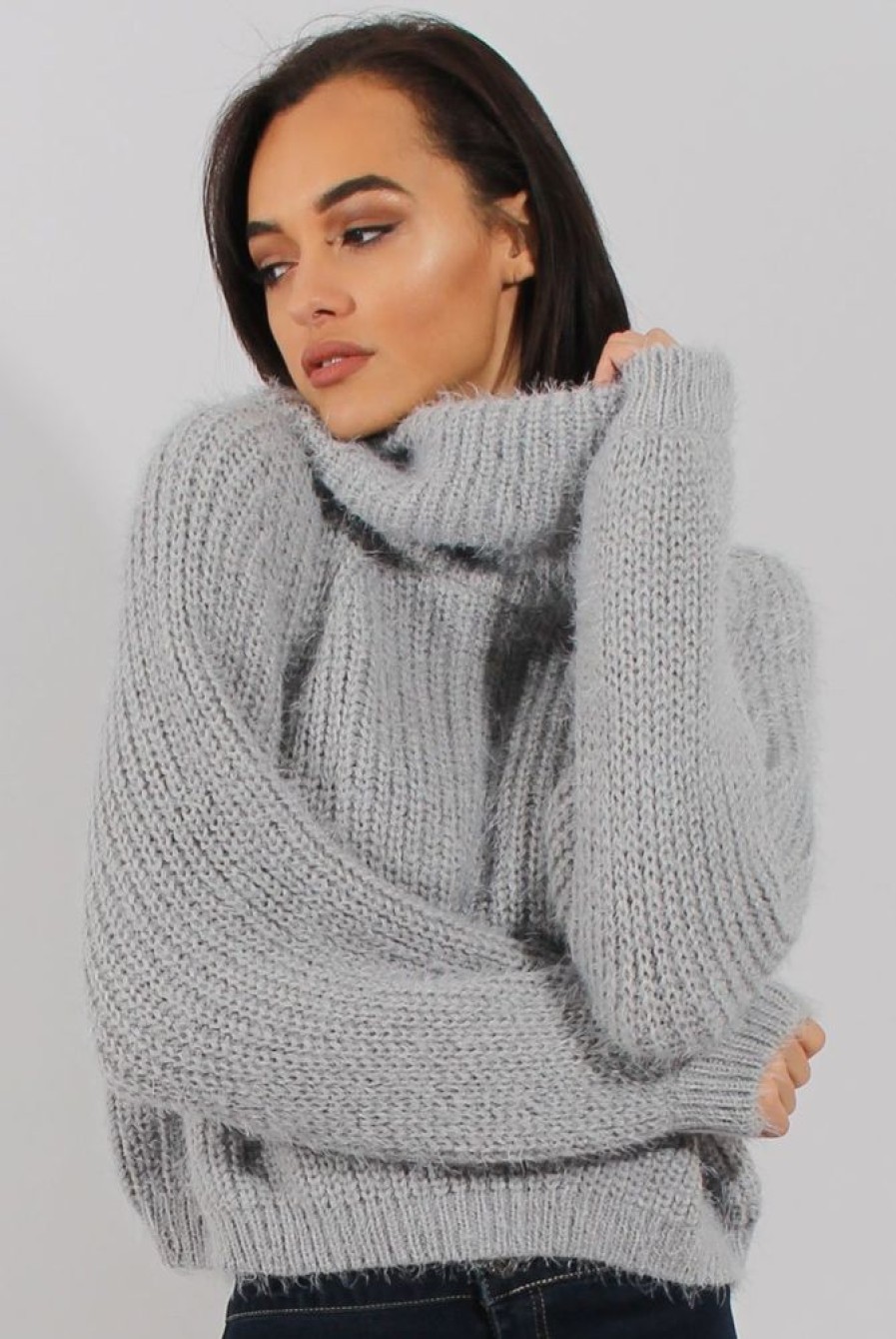 Clothing Rebellious Fashion | Grey Cropped Roll Neck Jumper - Sophia