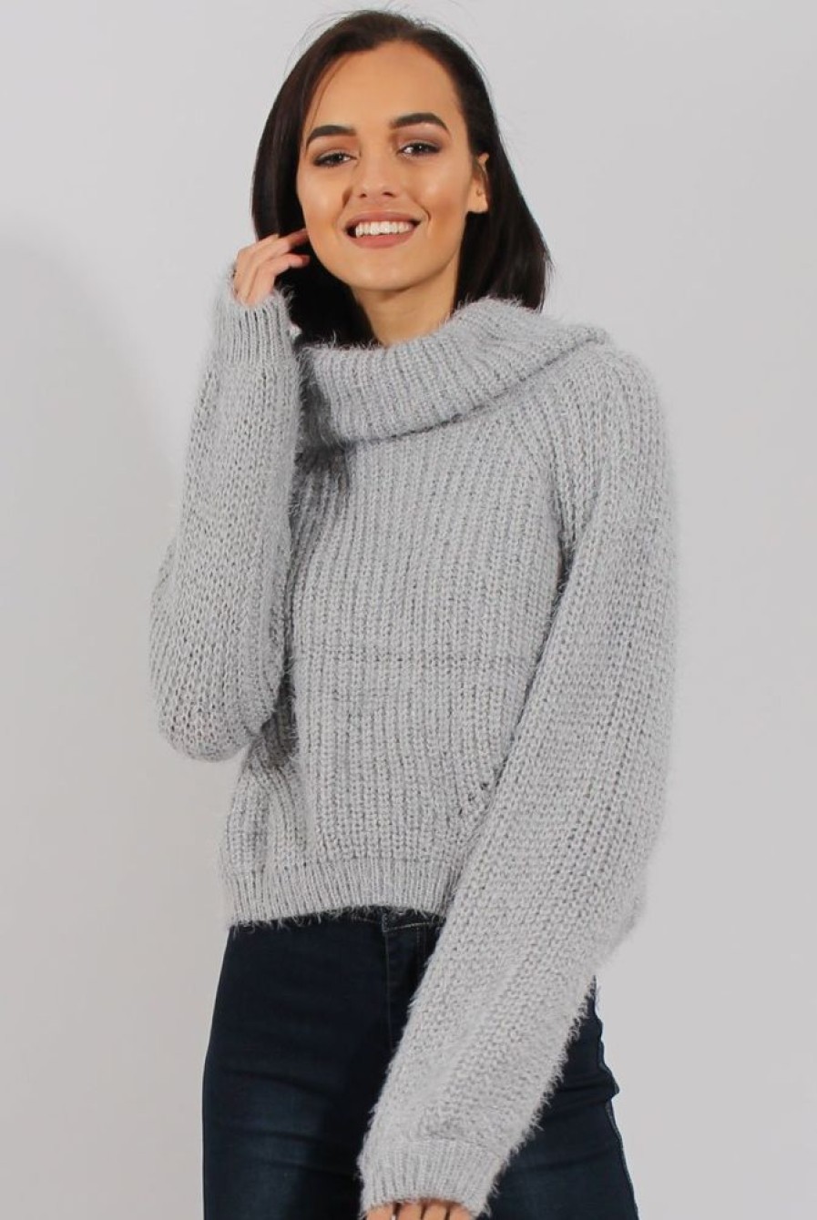 Clothing Rebellious Fashion | Grey Cropped Roll Neck Jumper - Sophia