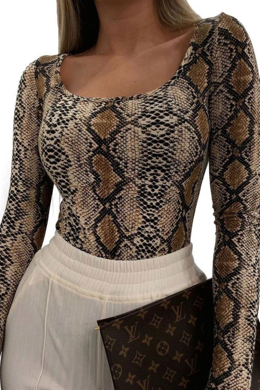 Clothing Rebellious Fashion | Beige Snake Scoop Neck Long Sleeve Bodysuit - Melody