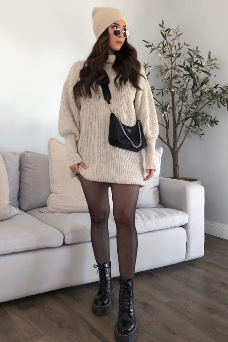 Clothing Rebellious Fashion | Beige Turtle Neck Knit Jumper Dress - Brooke