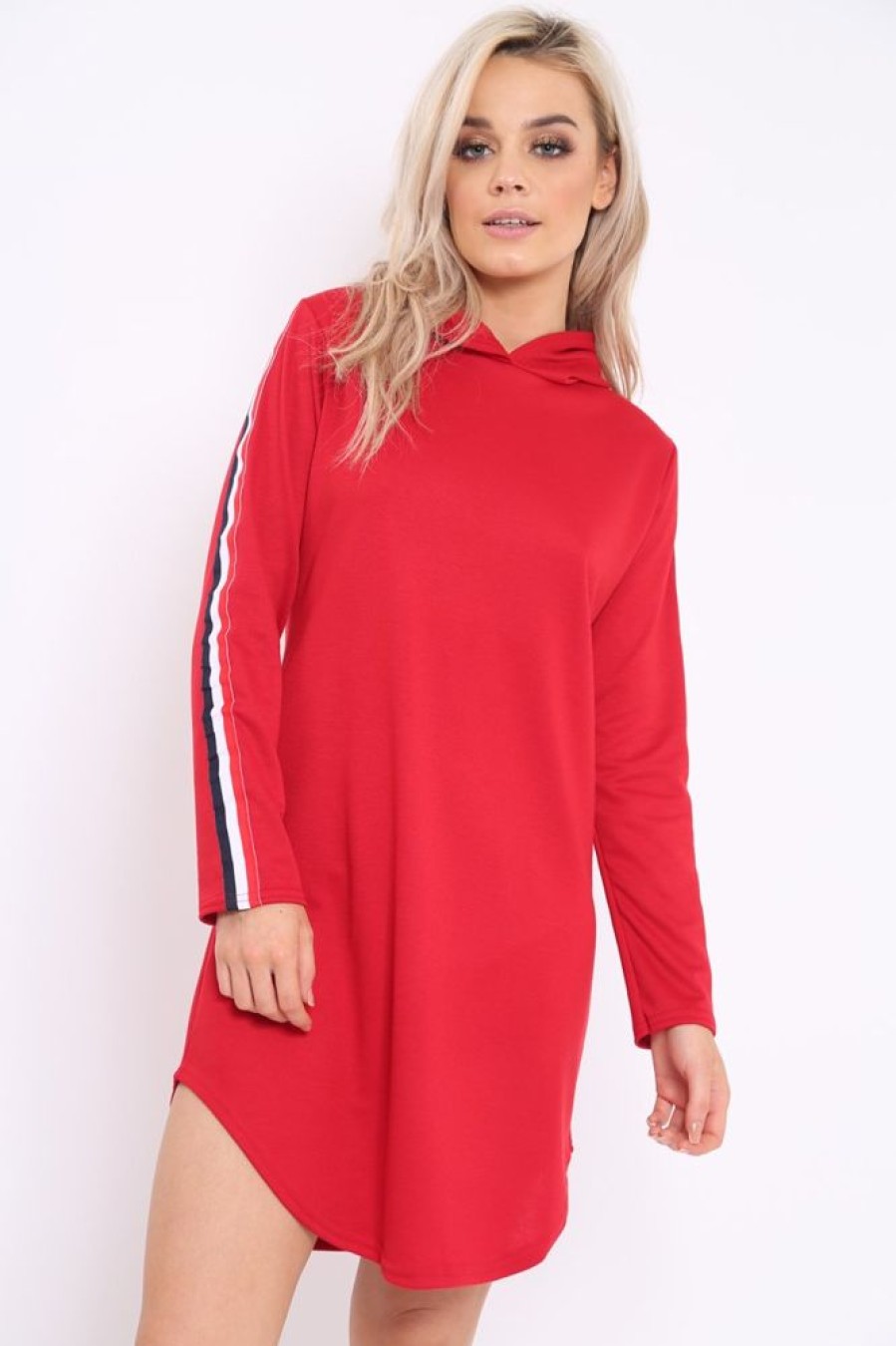 Clothing Rebellious Fashion | Red Sleeve Sports Trim Curve Hem Jumper Dress - Dixie