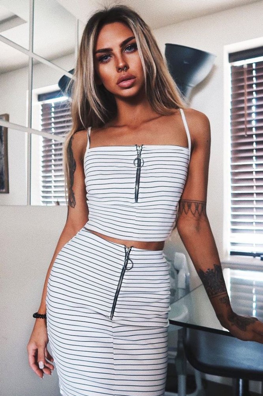 Clothing Rebellious Fashion | White Stripe Ring Zip Front Mini Skirt And Bralet - Rosi