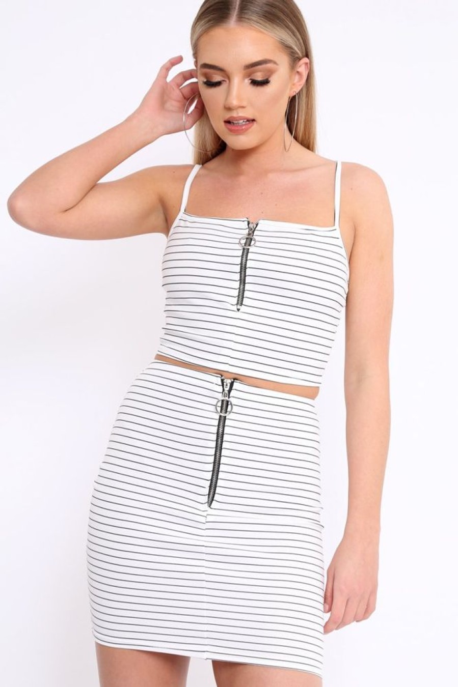 Clothing Rebellious Fashion | White Stripe Ring Zip Front Mini Skirt And Bralet - Rosi