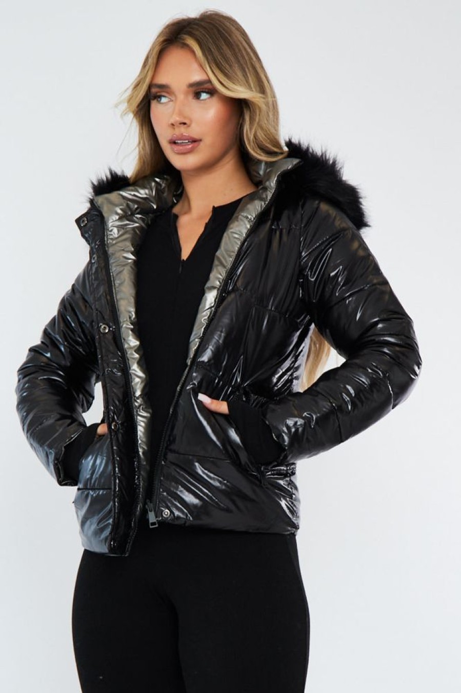 Clothing Rebellious Fashion | Black Grey Wet Look Reversible Fur Hood Puffer Jacket - Zadie