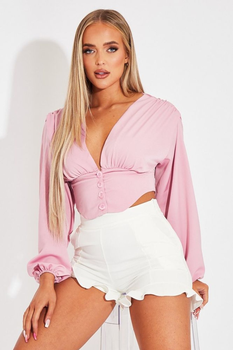 Clothing Rebellious Fashion | Pink Plunge Button Front Top - Zamina