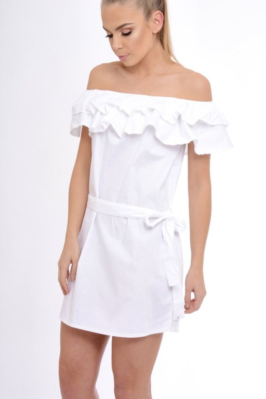 Clothing Rebellious Fashion | White Frill Bardot Tie Waist Shirt Dress - Ally