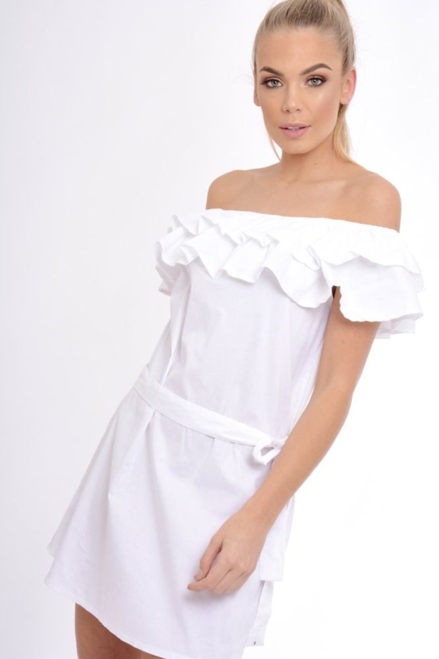 Clothing Rebellious Fashion | White Frill Bardot Tie Waist Shirt Dress - Ally