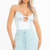 Clothing Rebellious Fashion | Blue Mint Satin Clasp Front Plunge Seam Front Bodysuit - Maisie