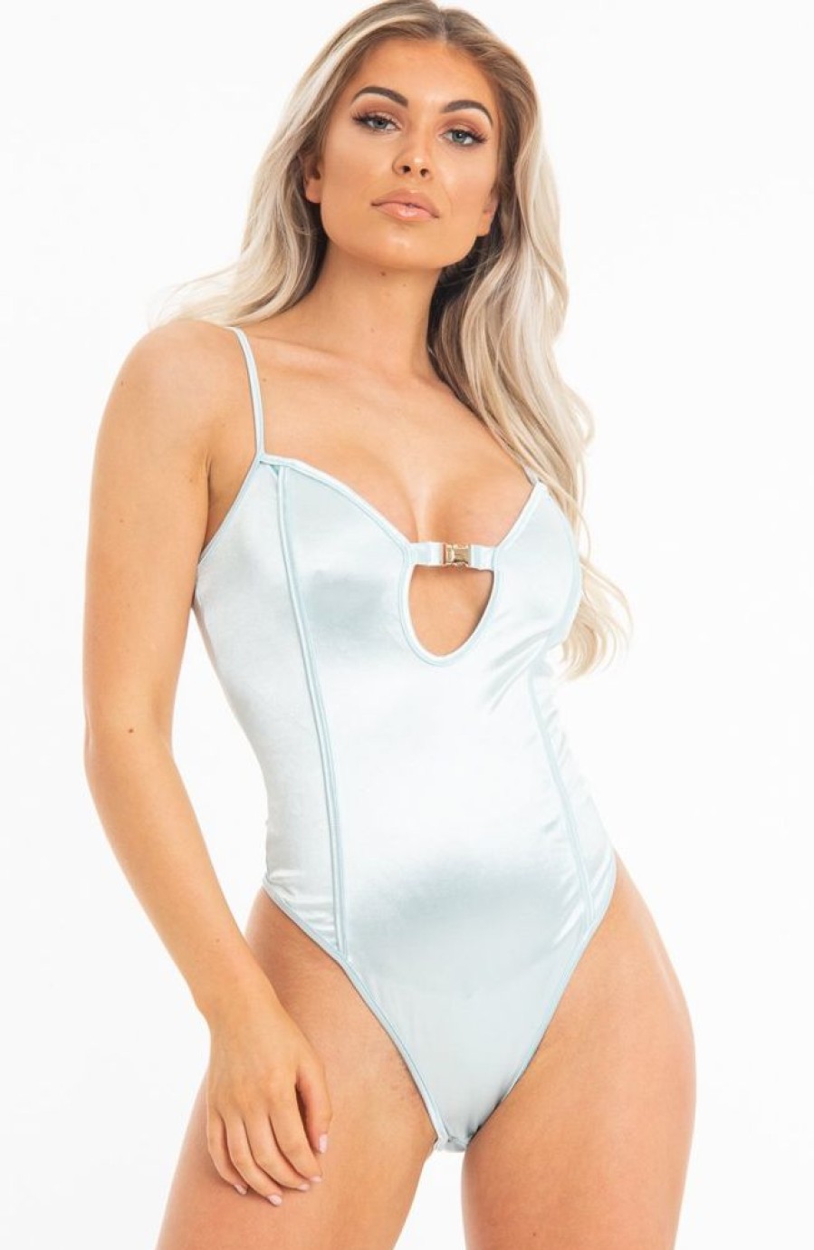 Clothing Rebellious Fashion | Blue Mint Satin Clasp Front Plunge Seam Front Bodysuit - Maisie