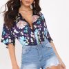 Clothing Rebellious Fashion | Navy Floral Satin Plunge Bodysuit - Feona