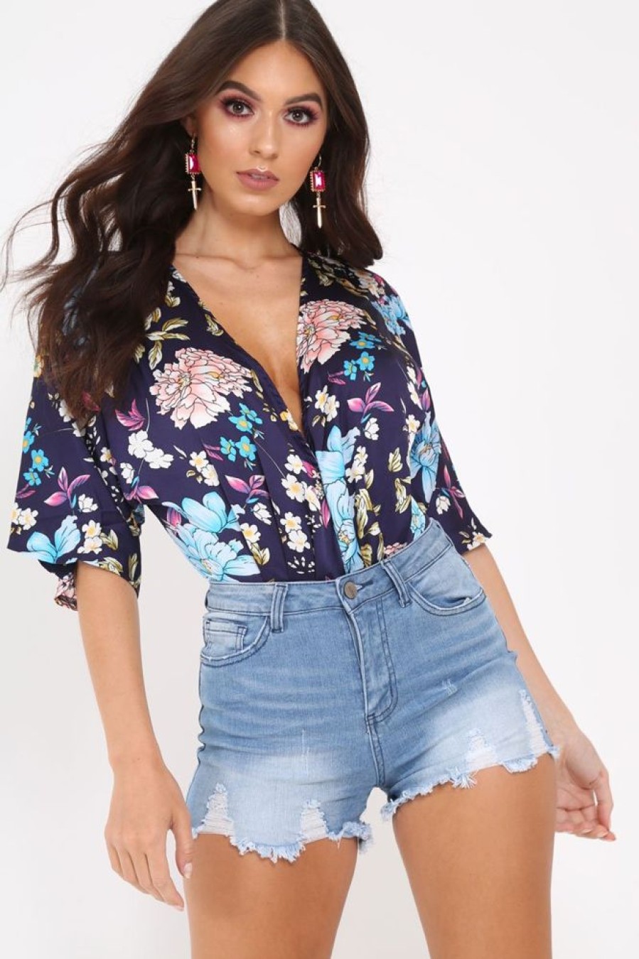 Clothing Rebellious Fashion | Navy Floral Satin Plunge Bodysuit - Feona