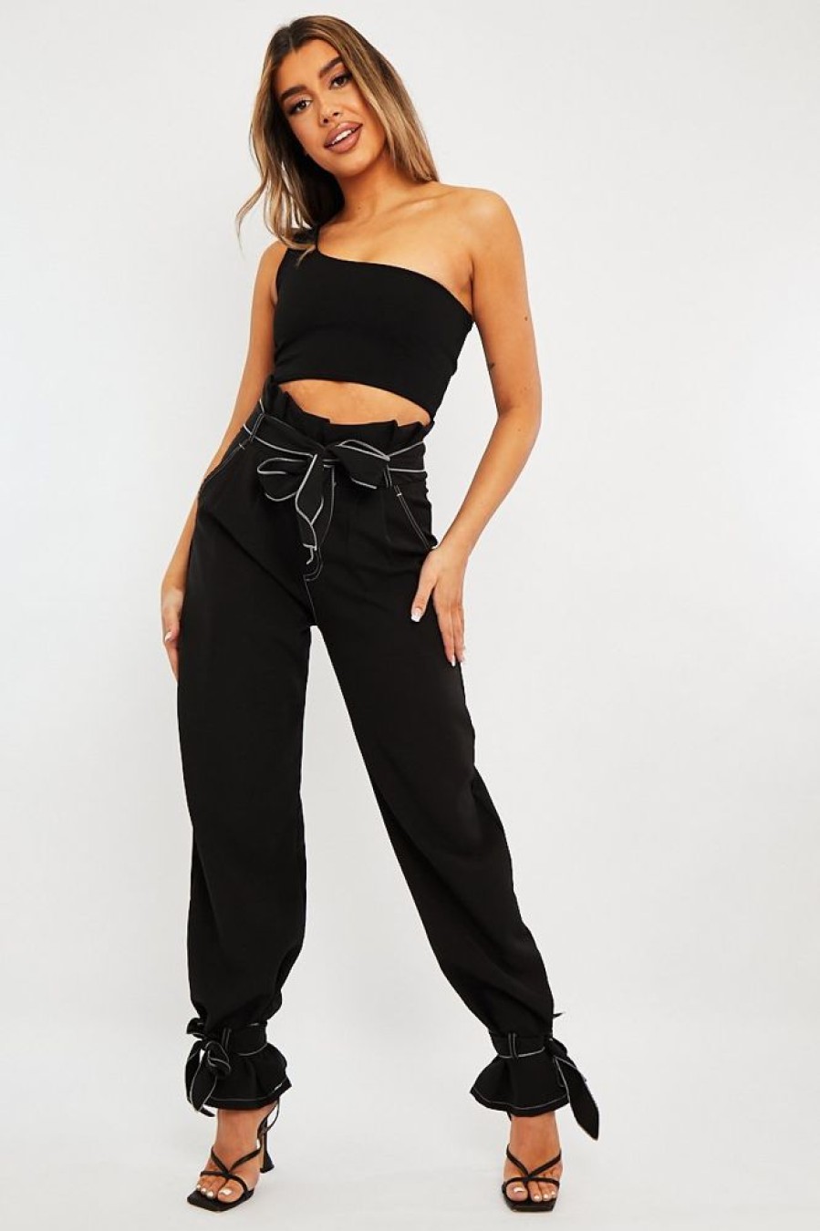 Clothing Rebellious Fashion | Black Contrast Stitch Ankle Tie Trousers - Neyla