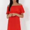 Clothing Rebellious Fashion | Red Bardot Frill Dress - Ophelia