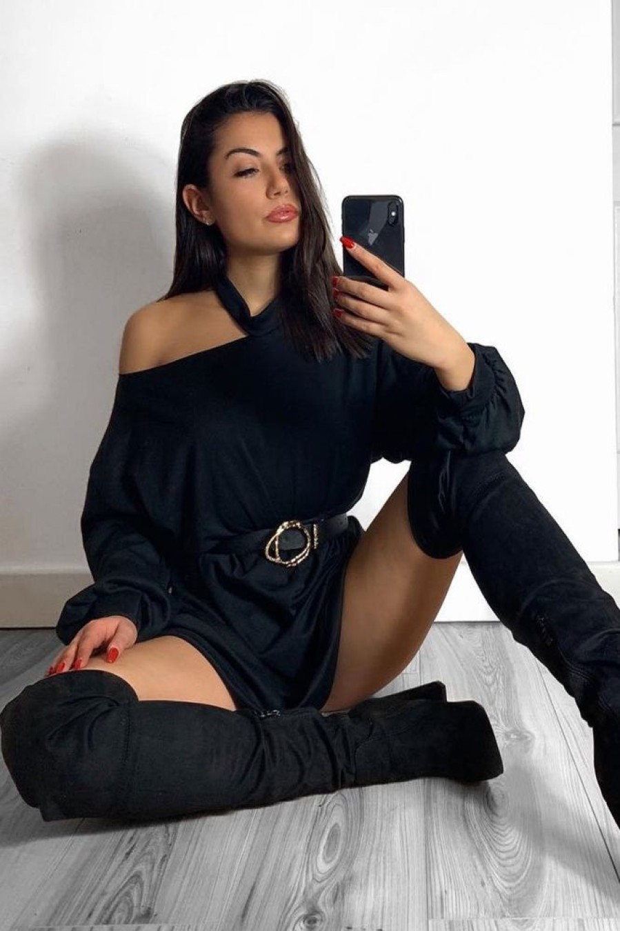 Clothing Rebellious Fashion | Black Belted Cold Shoulder Jumper Dress - Elston