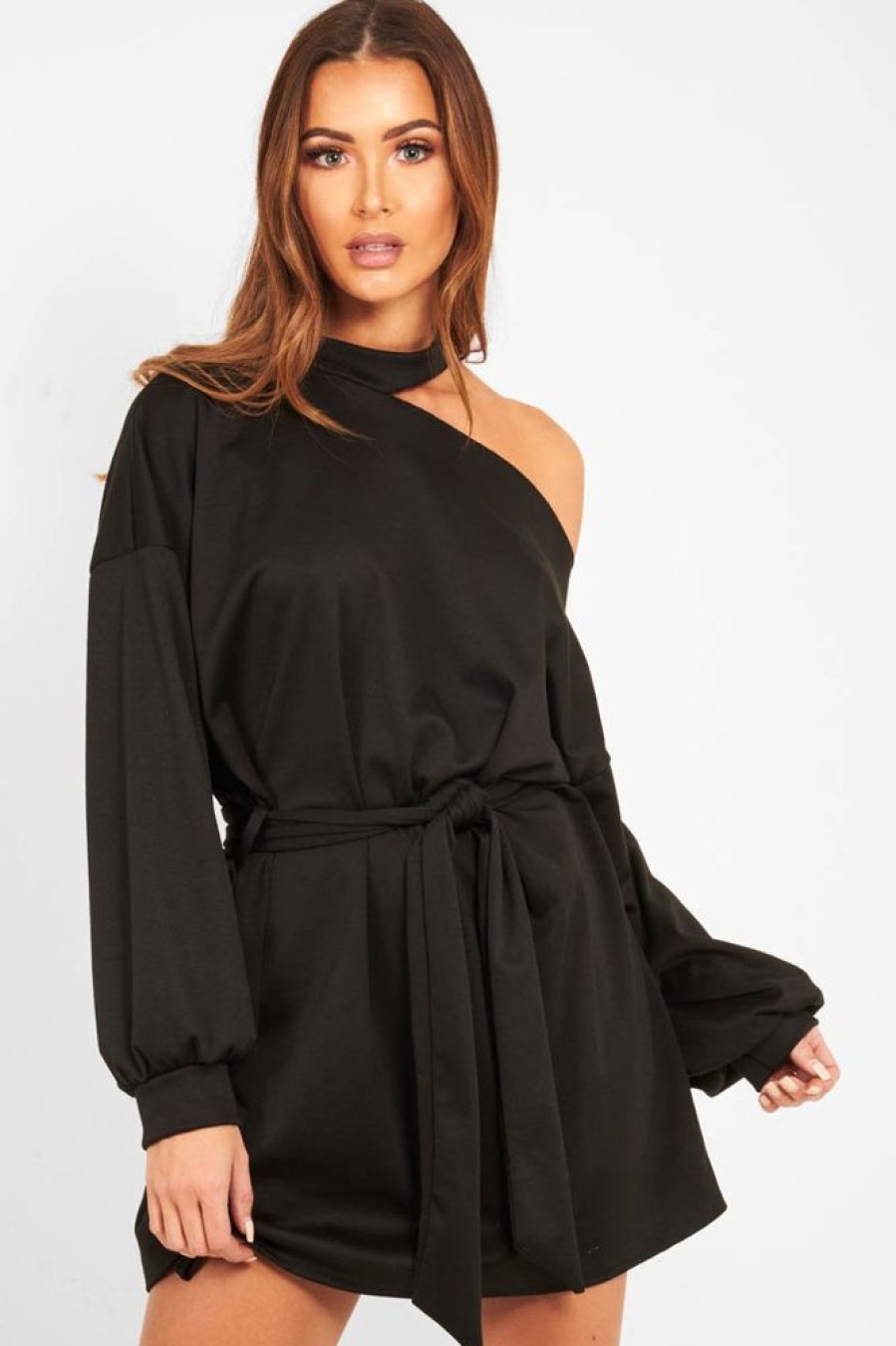 Clothing Rebellious Fashion | Black Belted Cold Shoulder Jumper Dress - Elston