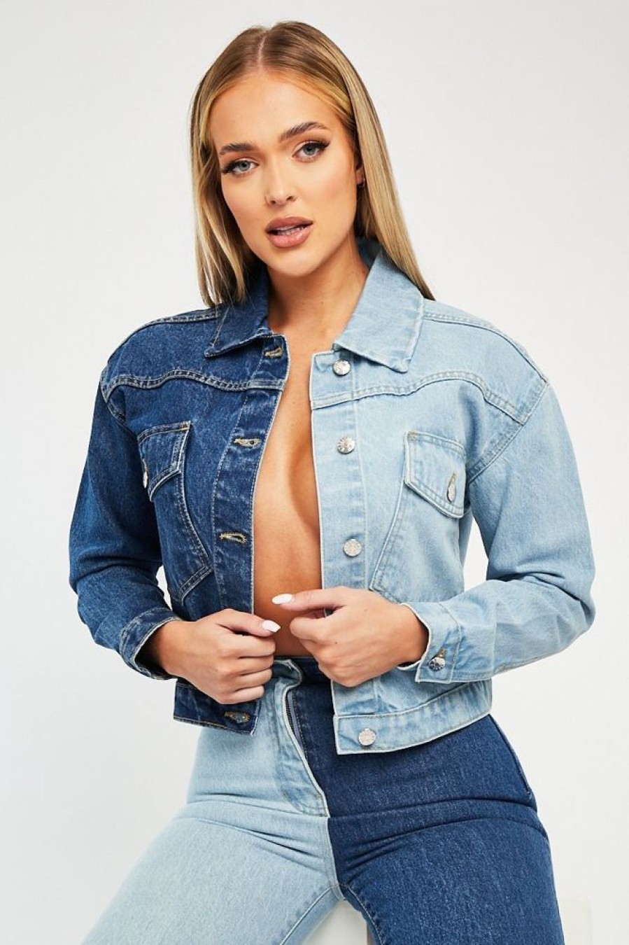 Clothing Rebellious Fashion | Blue Splice Two Tone Denim Jacket - Beula