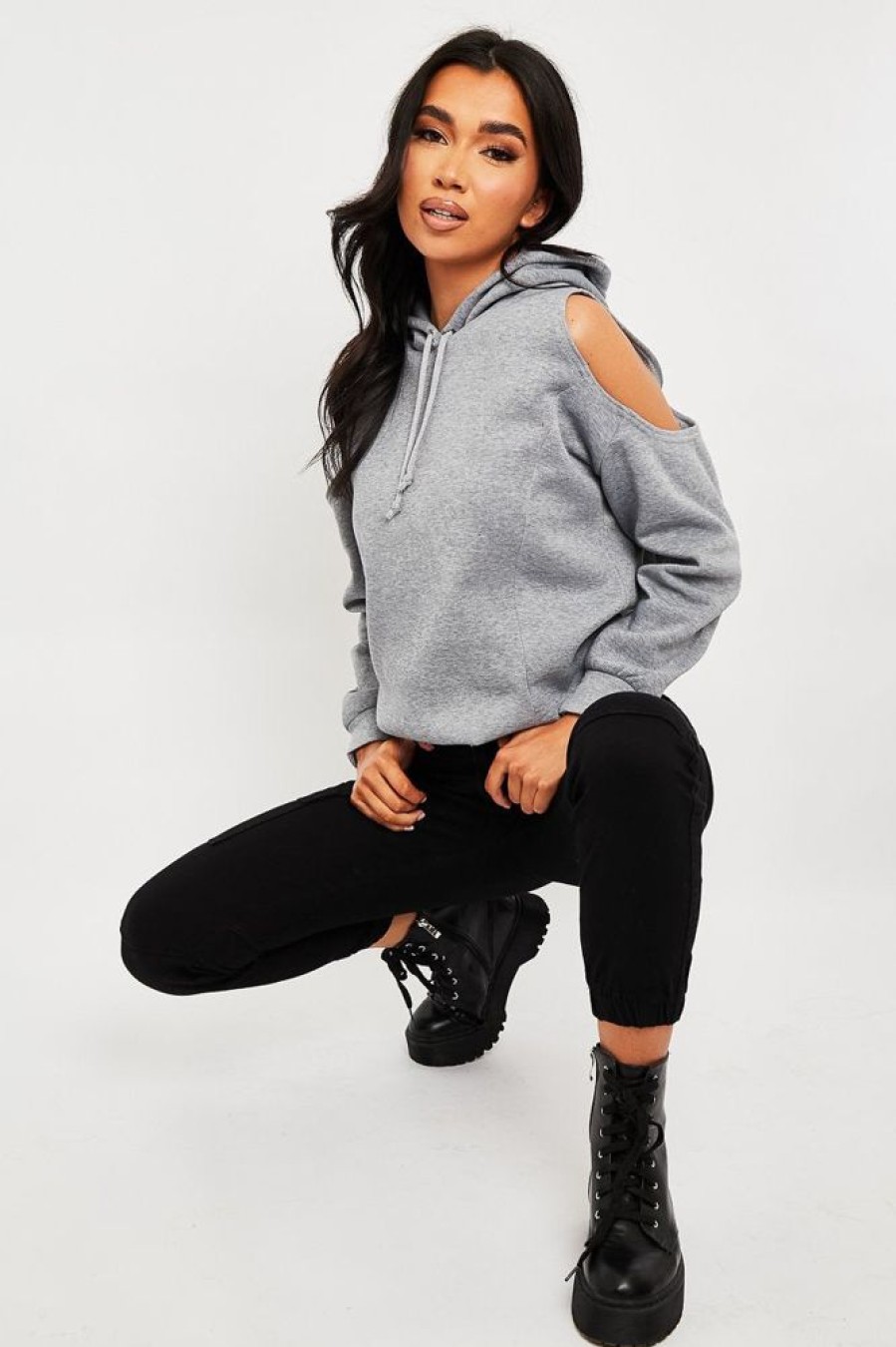 Clothing Rebellious Fashion | Grey Cut Out Shoulder Hoodie - Harlow