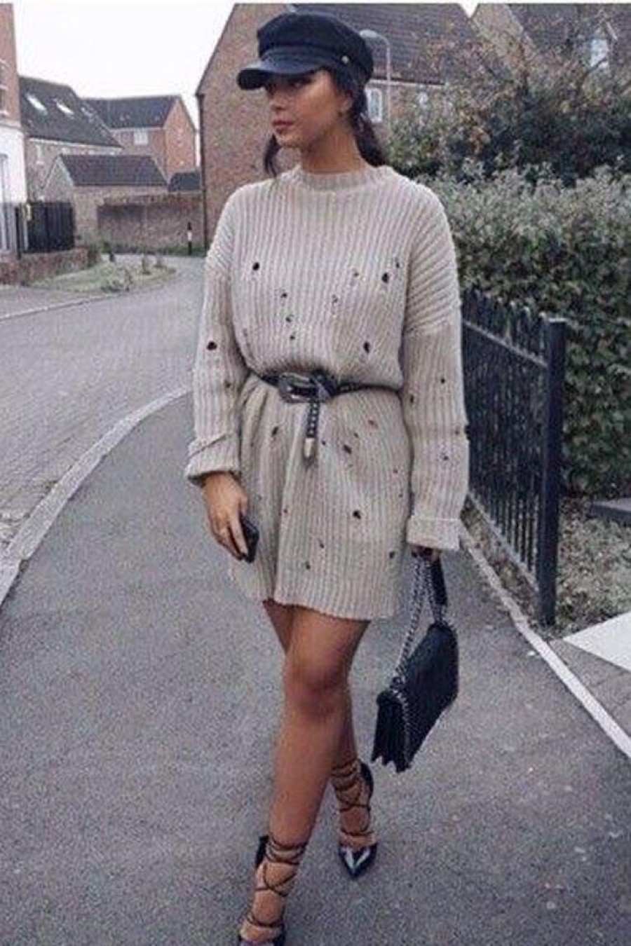 Clothing Rebellious Fashion | Beige Distressed Cable Knit Jumper Dress - Abea