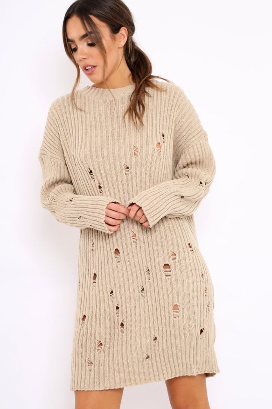 Clothing Rebellious Fashion | Beige Distressed Cable Knit Jumper Dress - Abea