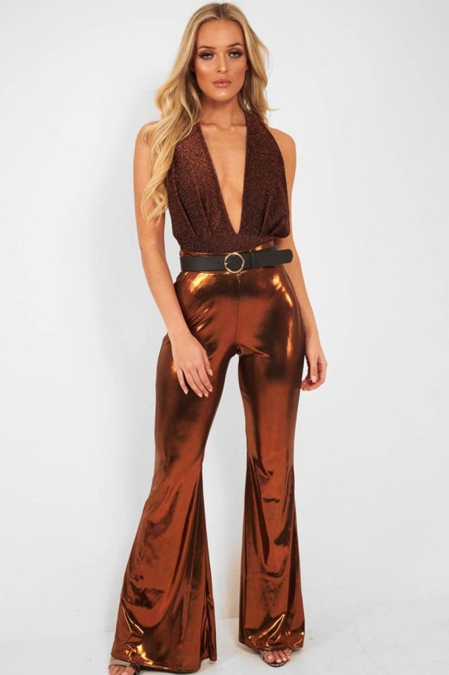 Clothing Rebellious Fashion | Copper Black Plunge Cross Back Bodysuit - Jolina