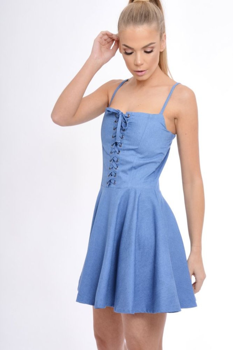 Clothing Rebellious Fashion | Dark Denim Lace Up Strappy Skater Dress - Xanthe