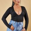 Clothing Rebellious Fashion | Black Plunge Neck Long Sleeve Bodysuit - Edith