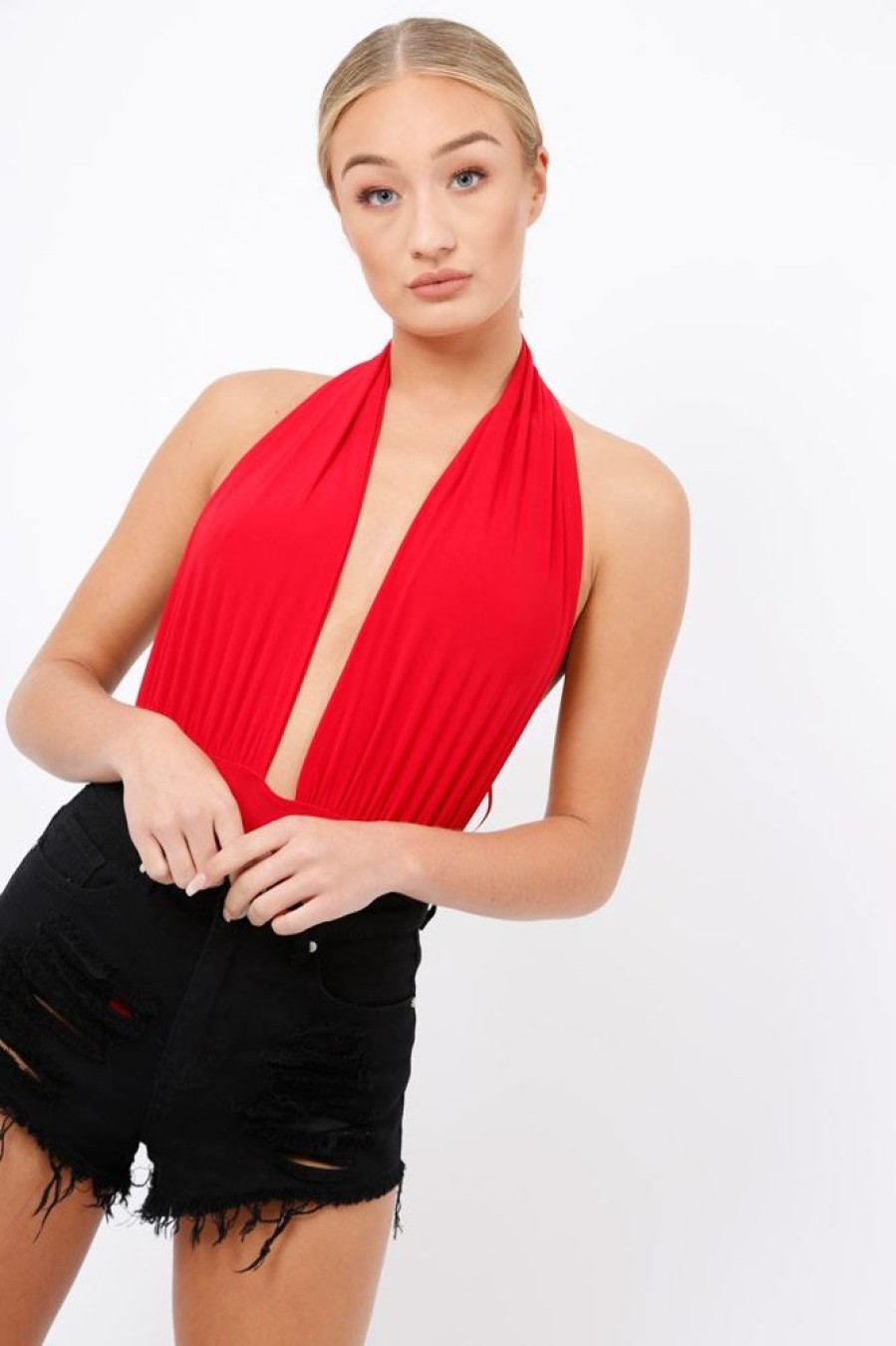 Clothing Rebellious Fashion | Red Plunge Halterneck Bodysuit - Lona