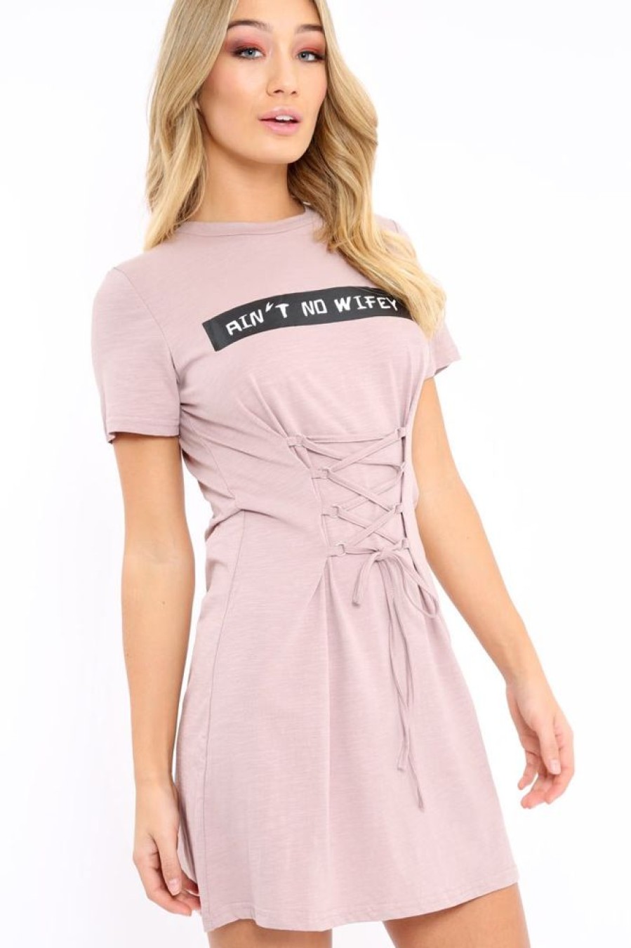 Clothing Rebellious Fashion | Mauve 'Ain'T No Wifey' Slogan T-Shirt Corset Dress - Natalie