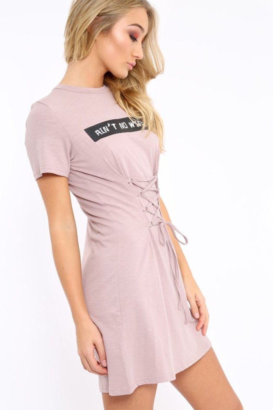 Clothing Rebellious Fashion | Mauve 'Ain'T No Wifey' Slogan T-Shirt Corset Dress - Natalie