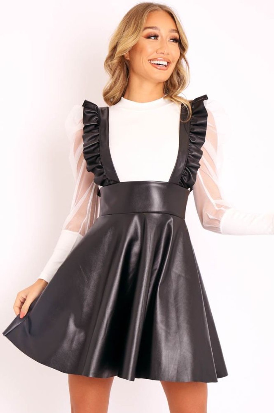 Clothing Rebellious Fashion | Black Faux Leather Frill Pinafore Dress - Elanna