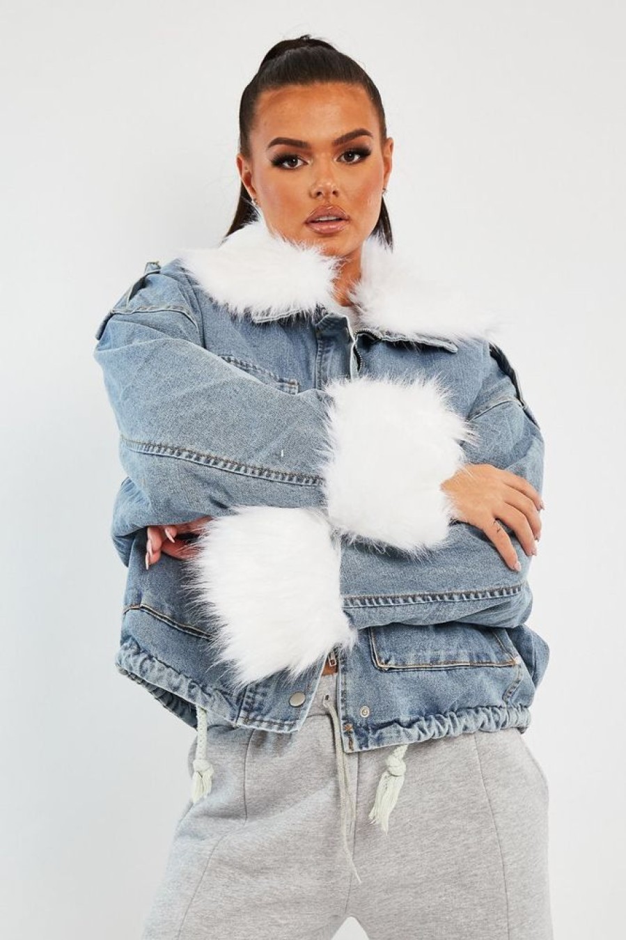 Clothing Rebellious Fashion | Blue Denim Fur Trim Coat - Khaira