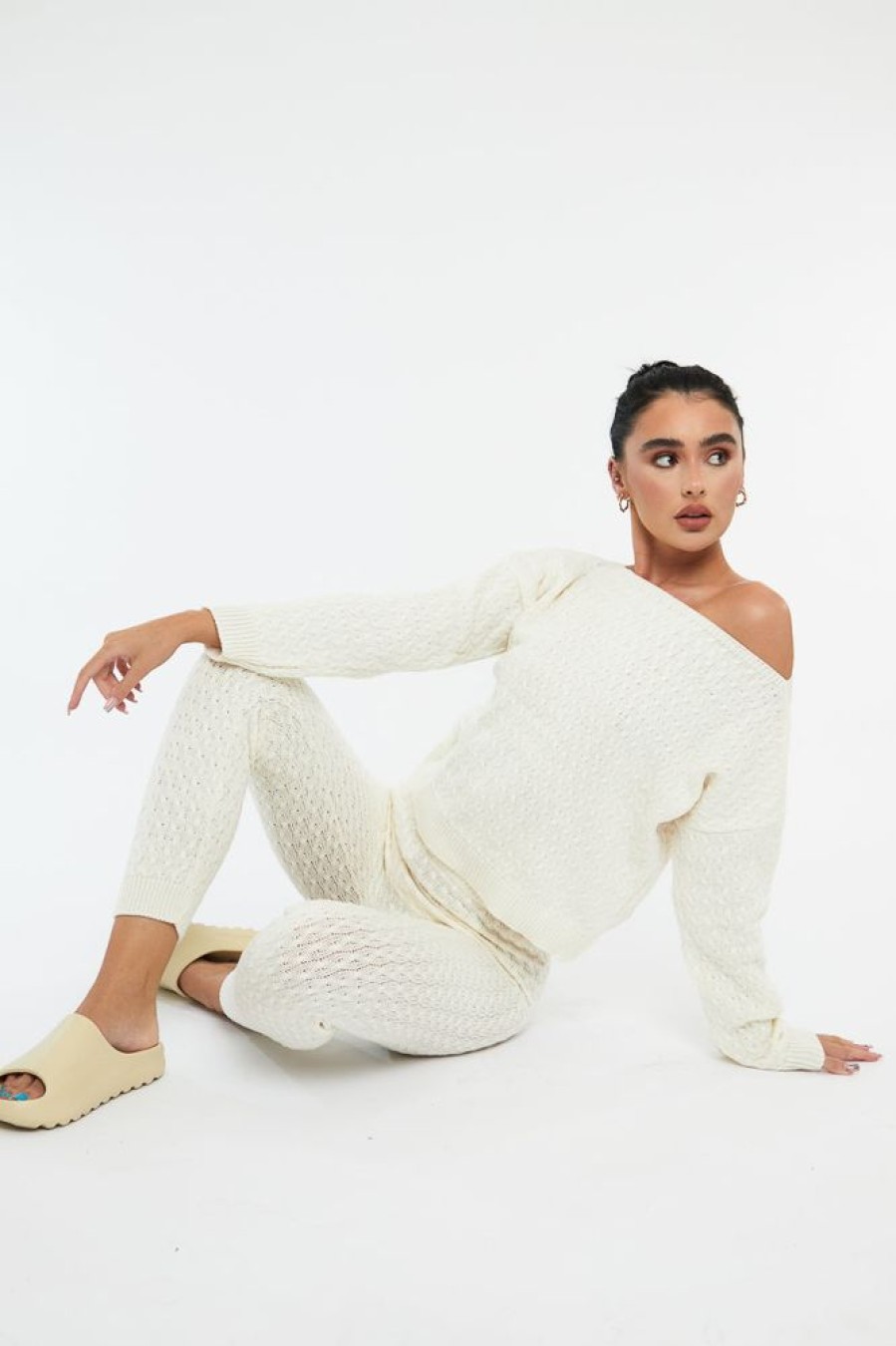 Clothing Rebellious Fashion | Cream Knit Cropped Jumper & Jogger Set - Kezzie